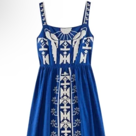 FARM RIO ANTHROPOLOGIE NWOT MACAW EMBROIDERED MAXI BLUE DRESS XS - Picture 5 of 16
